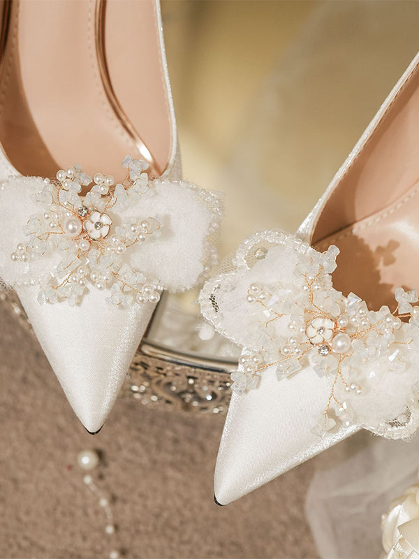 Satin stiletto bow rhinestone white high heels wedding banquet wedding shoes bridesmaid shoes