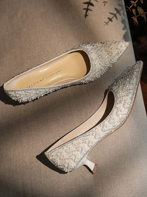 Rhinestone pearl luxury high heels for bridesmaids who don't tire their feet with wedding dresses and bridal shoes
