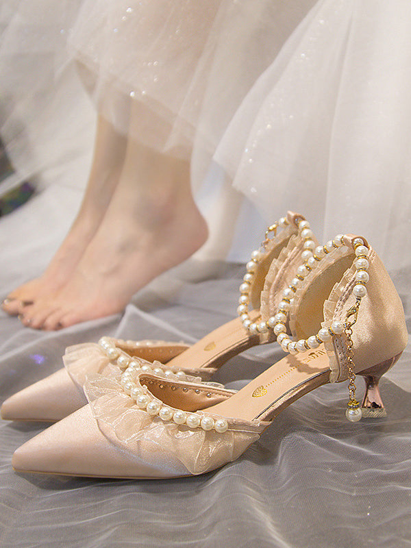 Wedding shoes high heels spring and autumn with skirts pointed sandals with cheongsam pearl shoes
