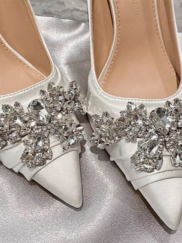 New shallow heel high-grade rhinestone satin silver-white wedding shoes for brides