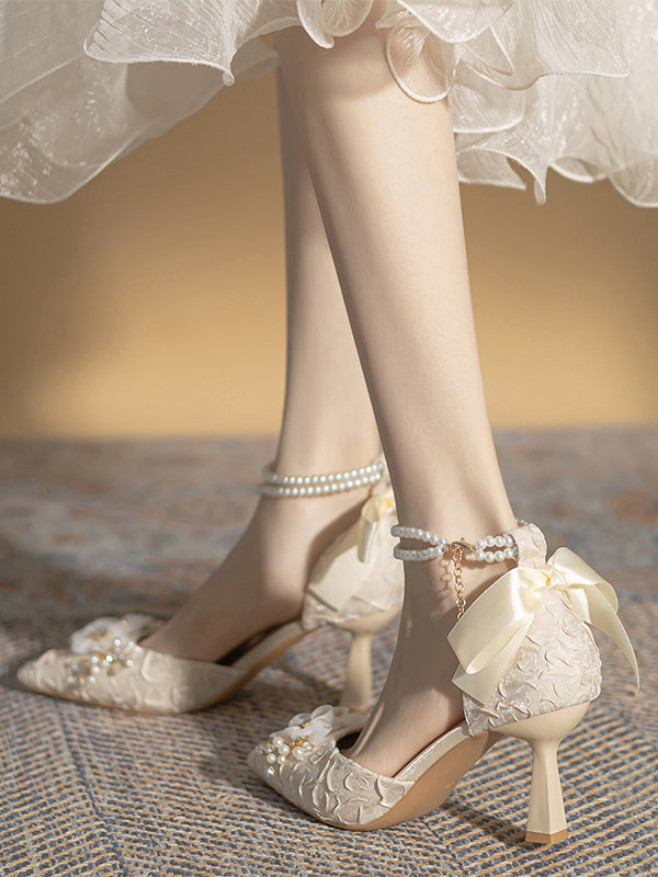 New bow hollow high heels temperament pearl chain wedding shoes bride bridesmaid