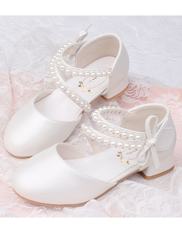 Girls princess shoes pearl leather shoes children's high heels wedding
