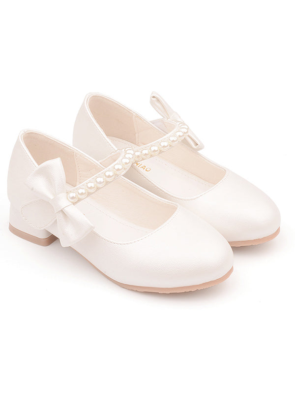 Children's leather shoes white bow spring and autumn girls high heel princess shoes pearl