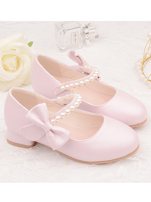 Children's leather shoes white bow spring and autumn girls high heel princess shoes pearl