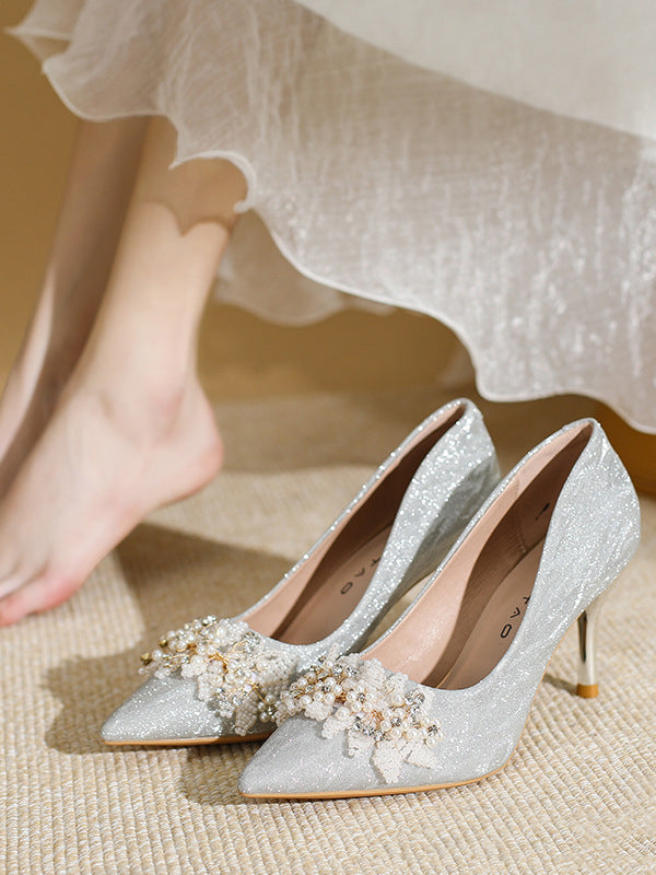 Crystal silver champagne high heels women's stiletto bridesmaids gold wedding shoes wedding dress