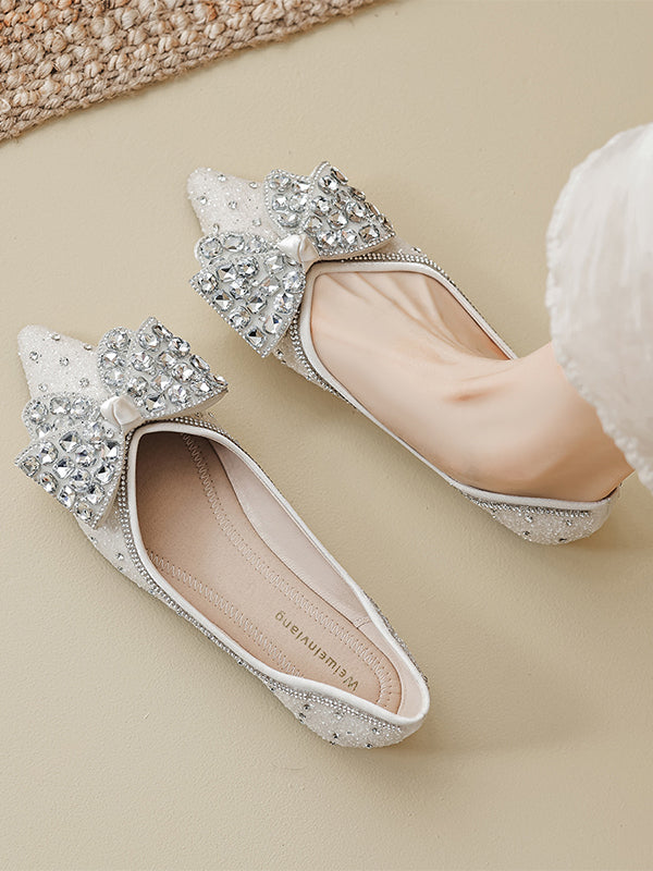 2024 new flat pointed toe shoes for women bow rhinestone wedding shoes temperament soft sole
