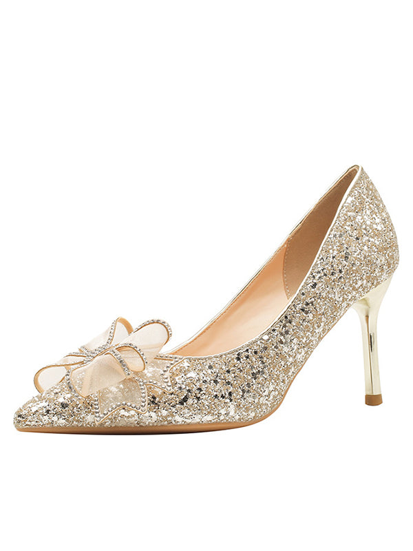 New style wedding bride bridesmaid shoes high heels stiletto sequins fashion bow ladies shoes