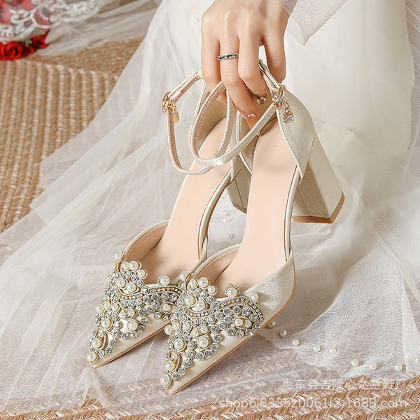 Chunky heel pearl rhinestone buckle wedding shoes bride bridesmaids single buckle hollow sardine satin high heels