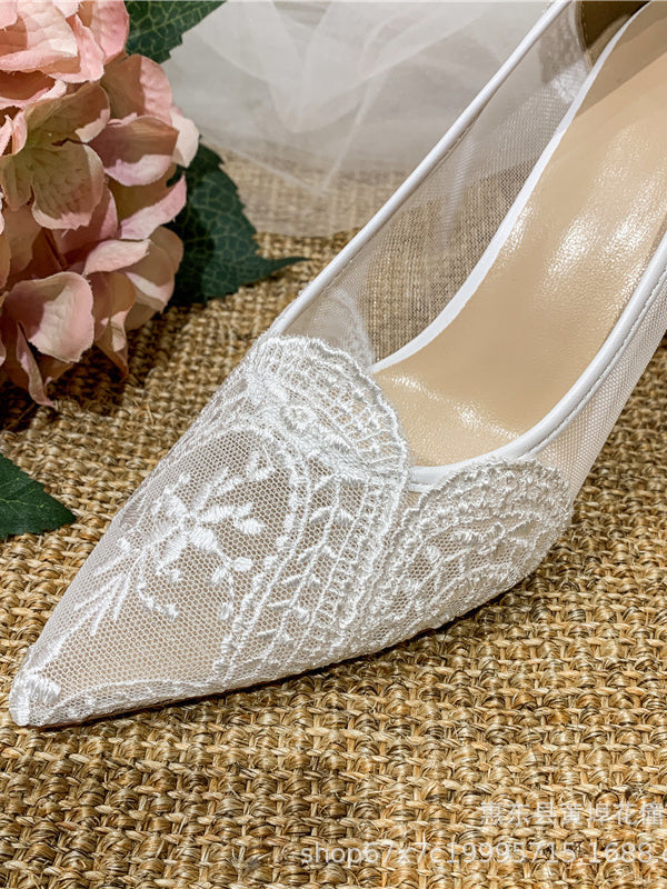 French princess main wedding dress women's wedding shoes lace mesh shoes straps white pointed high heels
