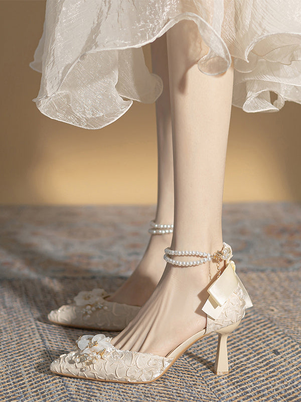 New bow hollow high heels temperament pearl chain wedding shoes bride bridesmaid