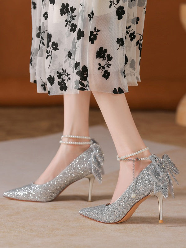 Sequins Pearl Straps Stiletto Heels With Bowknot