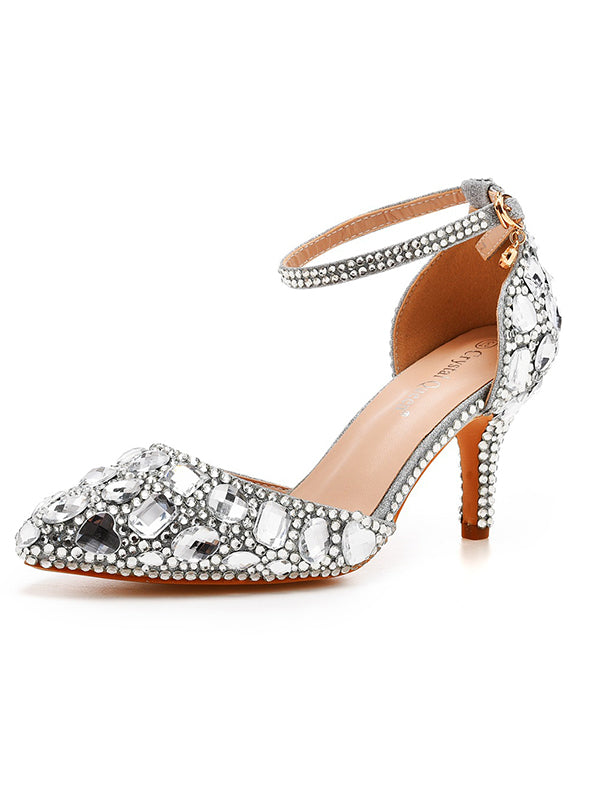Crystal Flower Pointed Toe Kitten Heel Buckle Strap Pumps
