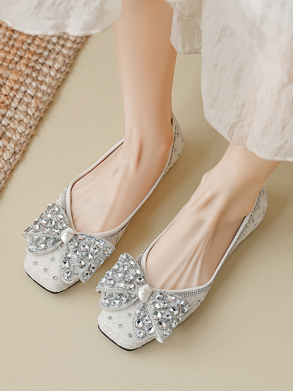2024 new flat pointed toe shoes for women bow rhinestone wedding shoes temperament soft sole