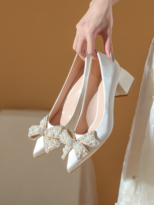 Wedding shoes bride bridesmaids high-end bridal shoes red high heels thick heels do not tire feet