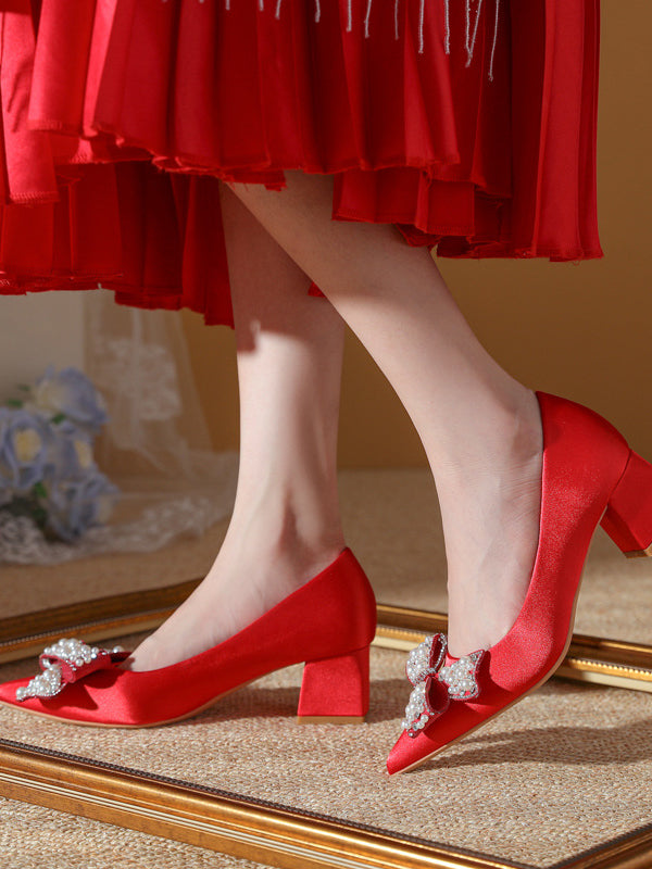Wedding shoes bride bridesmaids high-end bridal shoes red high heels thick heels do not tire feet