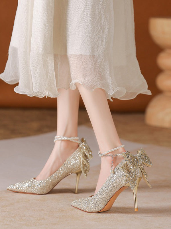 Sequins Pearl Straps Stiletto Heels With Bowknot