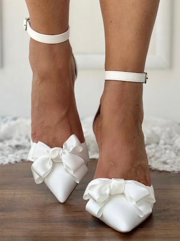 White high heels pointed shoes with a big bow comfortable women's shoes wedding bride bridesmaid