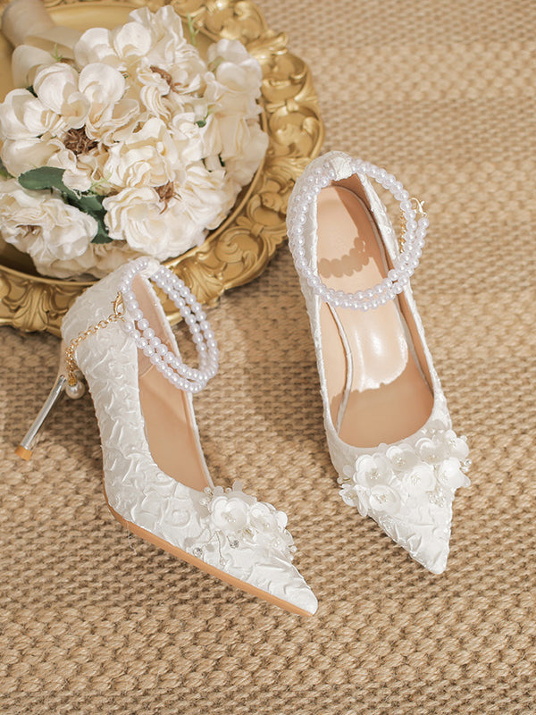 Pearl wedding shoes bride white high heels bridesmaids stiletto versatile fashion