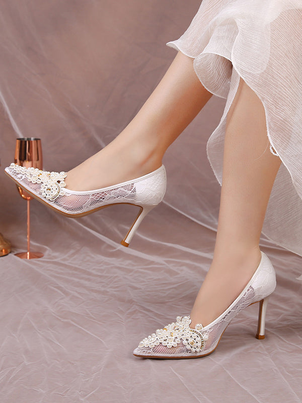 Bridal Shoes Comfortable White Beaded Lace Imitation Pearl High Heels Suitable for Bridesmaids