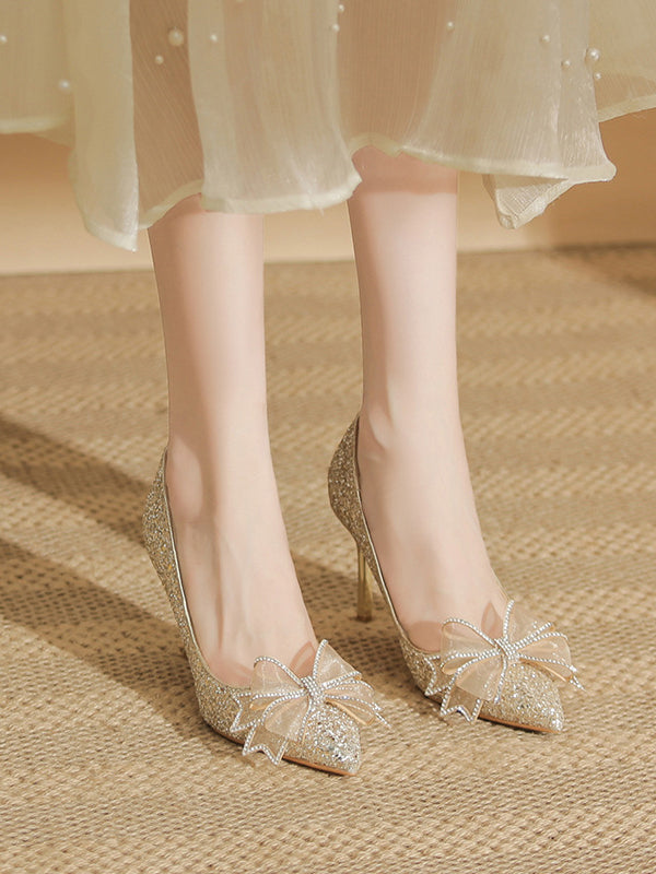 New style wedding bride bridesmaid shoes high heels stiletto sequins fashion bow ladies shoes