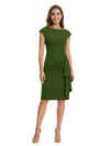 Mother of The Bride Dress Beautiful Jewel Cap Sleeve Crepe Sheath Midi Gown Ruffled Stylish Design