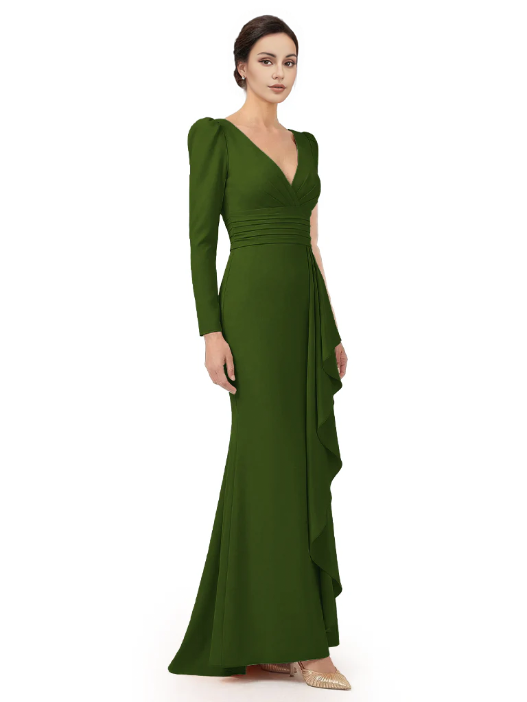 V-Neck Long Sleeves Ruffle Crepe Mother Of The Groom Dress Mermaid