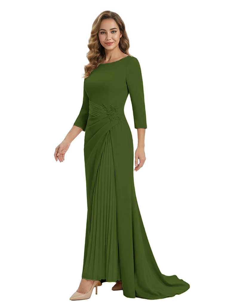 Mother of The Groom Dress Elegant Crew Scoop 3/4 Sleeve Crepe Maxi Gown Pleated Detail Classy Look