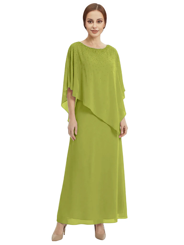 Classy Beaded Chiffon Overlay Poncho Style Mother of the Bride Gown