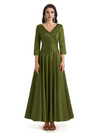Elegant Soft Satin 3/4 Sleeves V-Neck Ankle Length Mother of The Bride Dresses