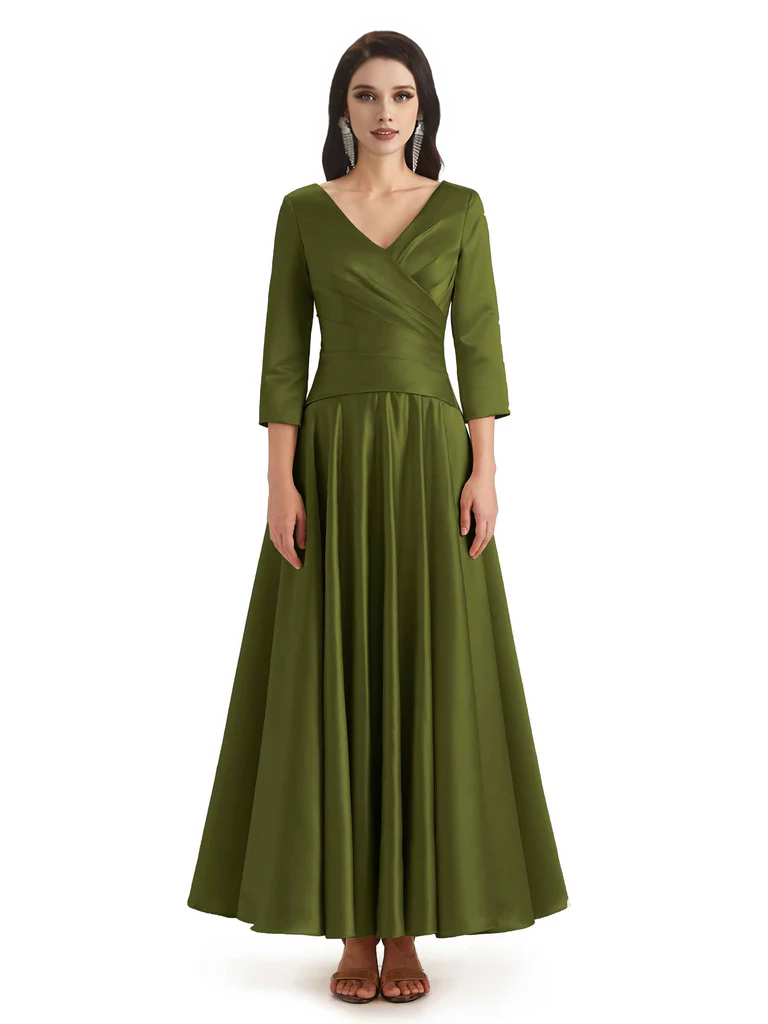 Elegant Soft Satin 3/4 Sleeves V-Neck Ankle Length Mother of The Bride Dresses