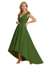 Mother of The Groom Dress Fancy Cap Sleeve Crepe High-Low A-Line Gown Elegant Belt Accent