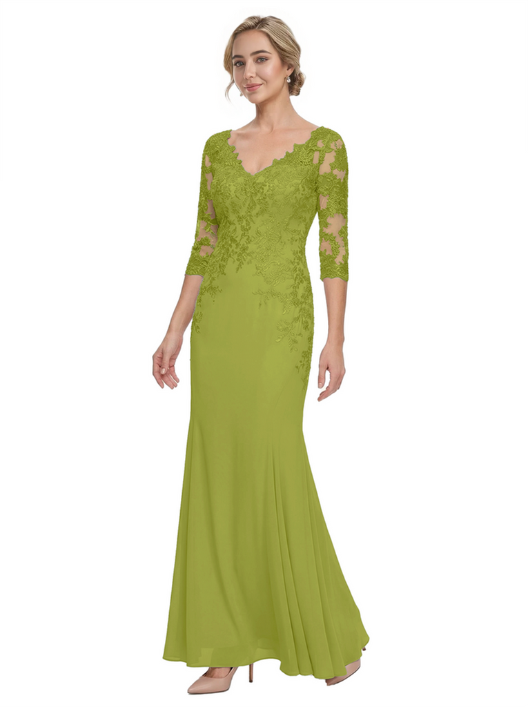 Mother of The Bride Gown V-Neck Half Sleeve Lace Chiffon Trumpet Maxi Dress Unique Sophisticated