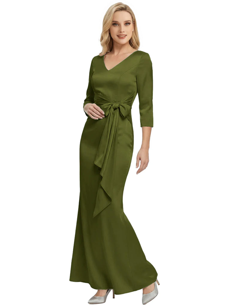 Mother of The Bride Dress Elegant V-Neck 3/4 Sleeve Satin Trumpet Maxi Gown