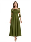 Mother of The Groom Dress Off Shoulder 3/4 Sleeve Lace Satin Midi Gown Classy Pleated