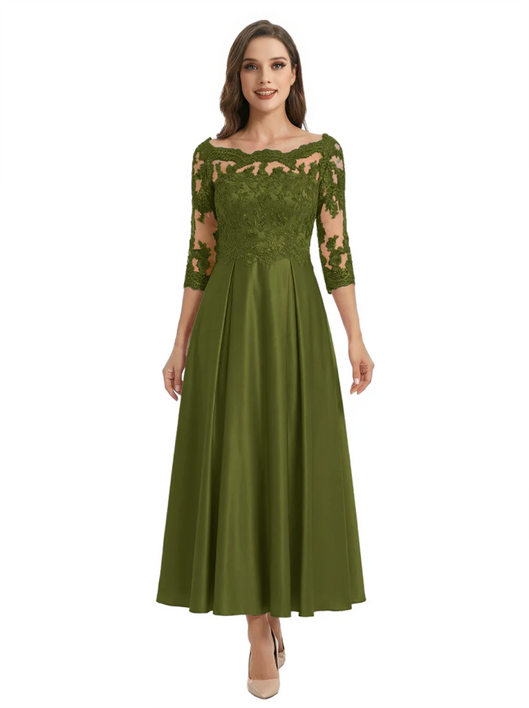 Mother of The Groom Dress Off Shoulder 3/4 Sleeve Lace Satin Midi Gown Classy Pleated