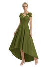 Elegant Mother of The Bride Dress Scoop Short Sleeve Lace Satin High-Low A-Line Gown