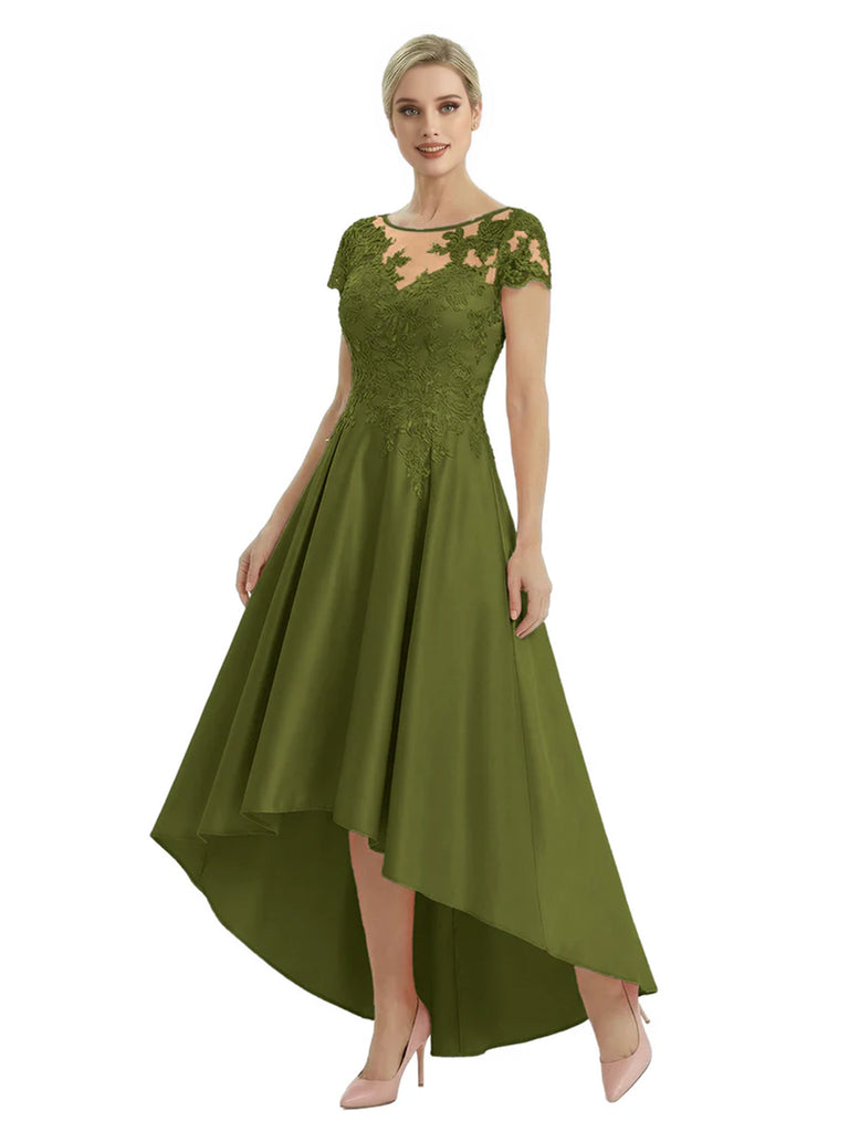Elegant Mother of The Bride Dress Scoop Short Sleeve Lace Satin High-Low A-Line Gown