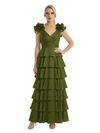 Mother of The Bride Dresses V-Neck Sleeveless Satin Tiered Maxi Gown Unique Flower Detailed Formal Wedding Event Attire