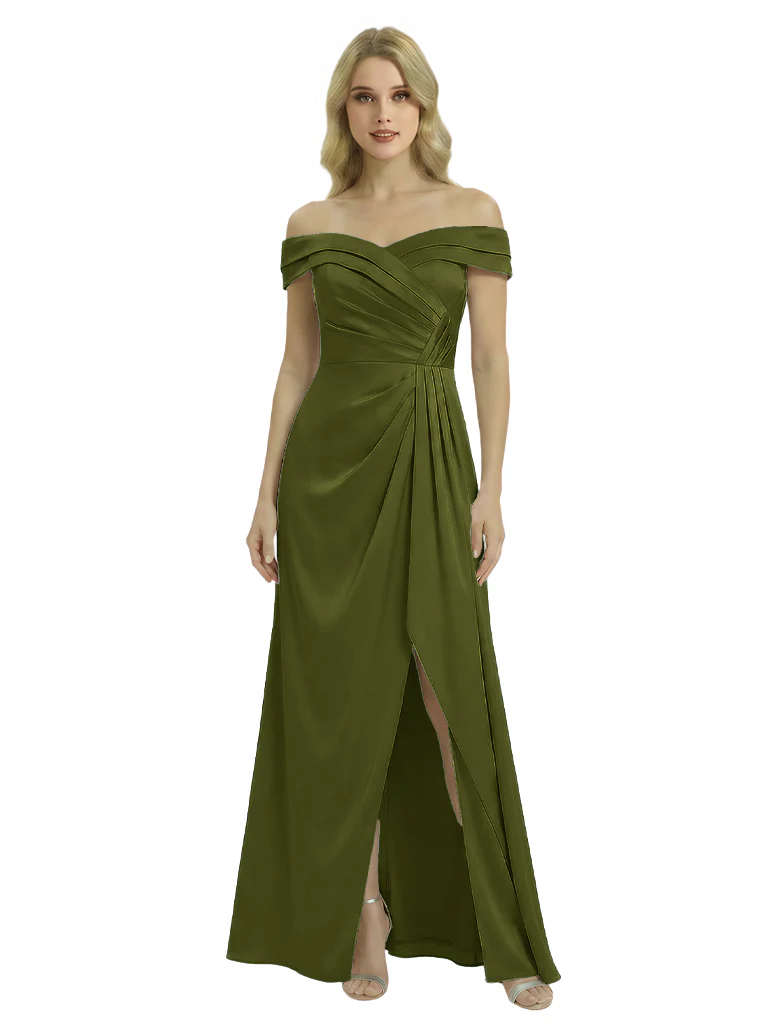 Off The Shoulder Mother Of The Groom Dresses Side Slit Satin Ruched A-Line Gown