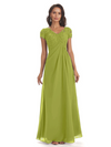 Elegant Short Sleeves Beaded Pleats A-line Floor-Length Mother of The Bride Dresses