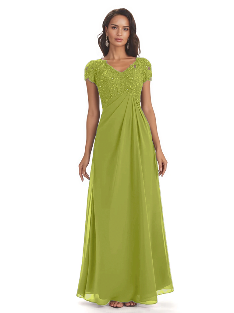 Elegant Short Sleeves Beaded Pleats A-line Floor-Length Mother of The Bride Dresses