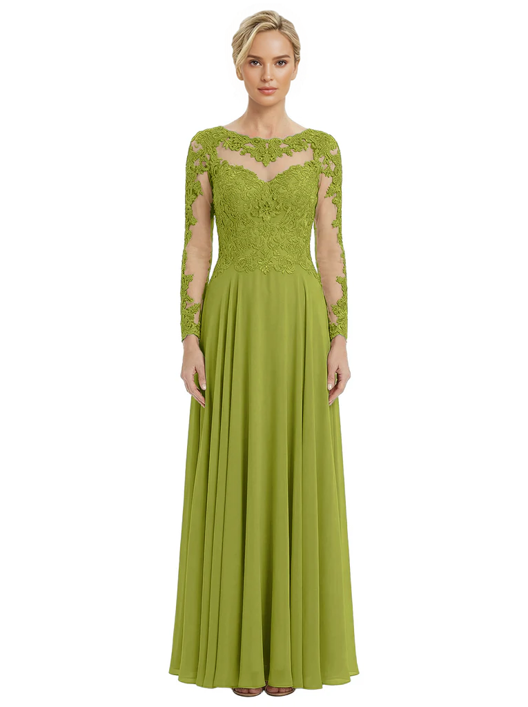 Mother of The Bride Dresses Scoop Long Sleeve Lace Chiffon Maxi Gown Pretty Embroidered Formal Wedding Event Attire