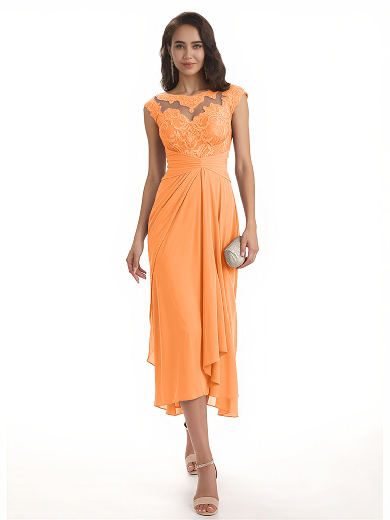 Elegant Bell Sleeves Chiffon A-line Midi Mother of The Bride Dresses