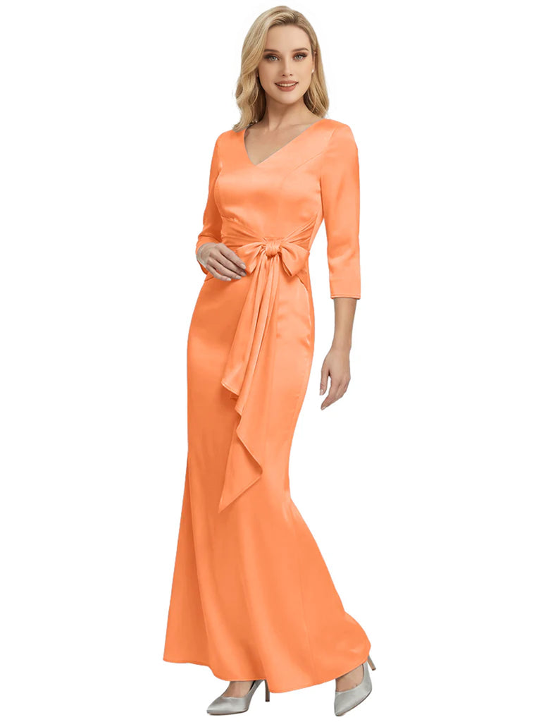 Mother of The Bride Dress Elegant V-Neck 3/4 Sleeve Satin Trumpet Maxi Gown
