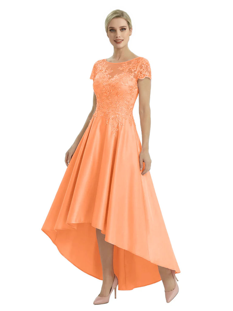 Elegant Mother of The Bride Dress Scoop Short Sleeve Lace Satin High-Low A-Line Gown