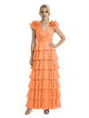Mother of The Bride Dresses V-Neck Sleeveless Satin Tiered Maxi Gown Unique Flower Detailed Formal Wedding Event Attire