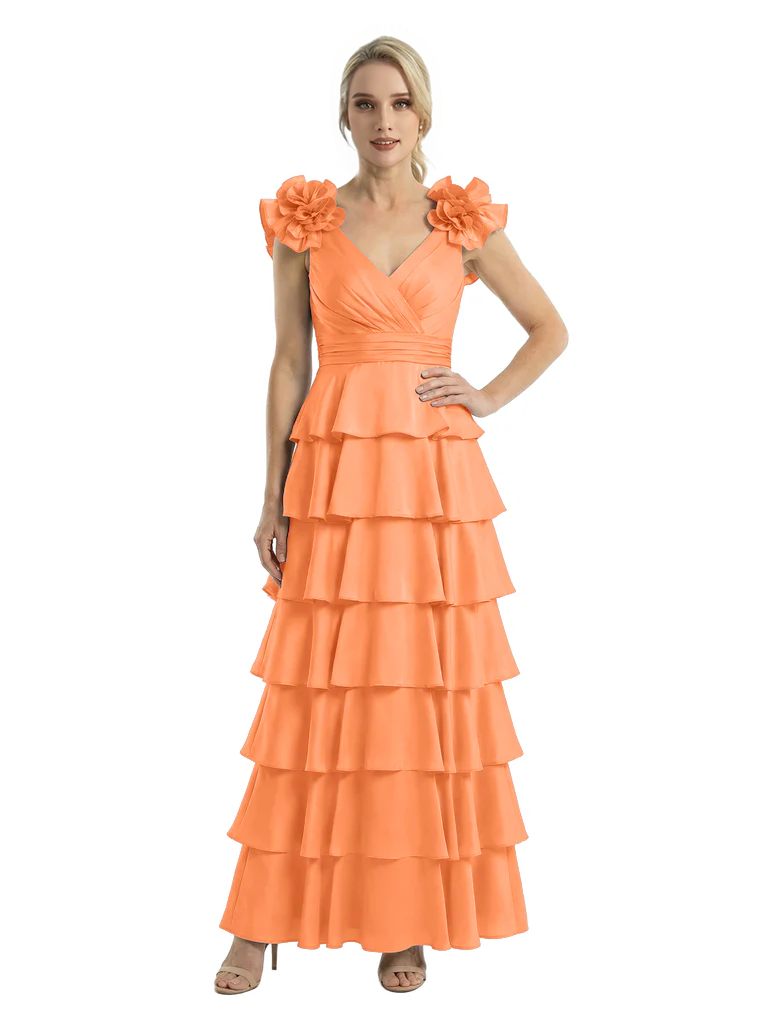 Mother of The Bride Dresses V-Neck Sleeveless Satin Tiered Maxi Gown Unique Flower Detailed Formal Wedding Event Attire