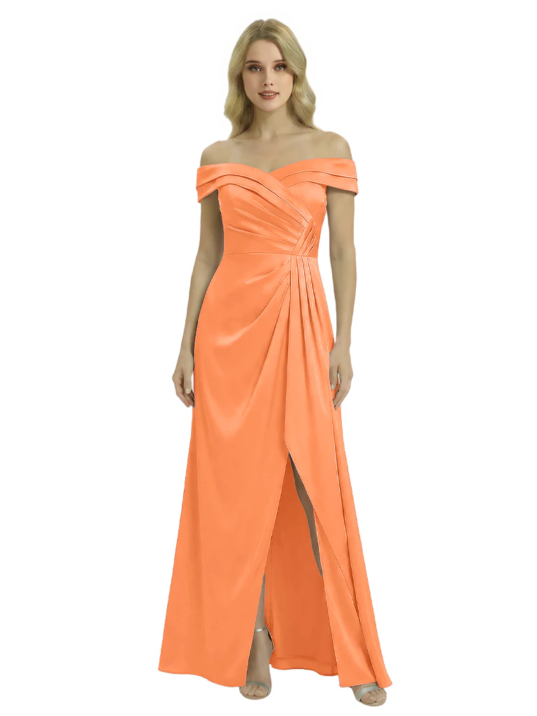 Off The Shoulder Mother Of The Groom Dresses Side Slit Satin Ruched A-Line Gown