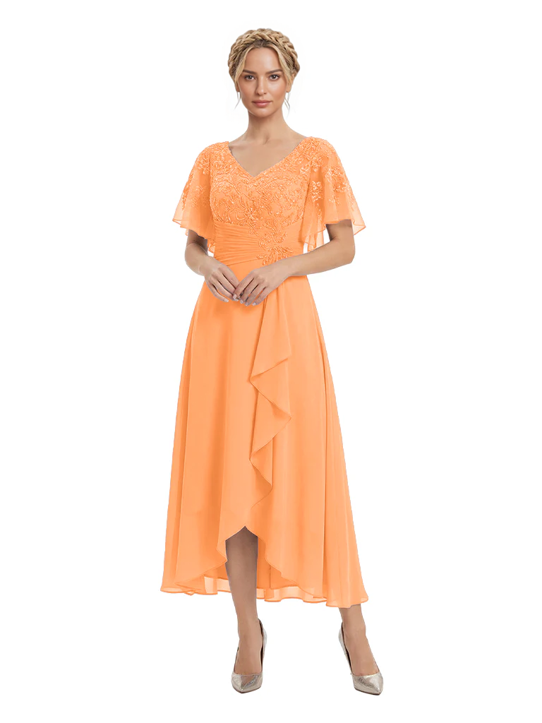 Unique Flutter Sleeves Lace Beaded Short Mother of the Groom Dresses