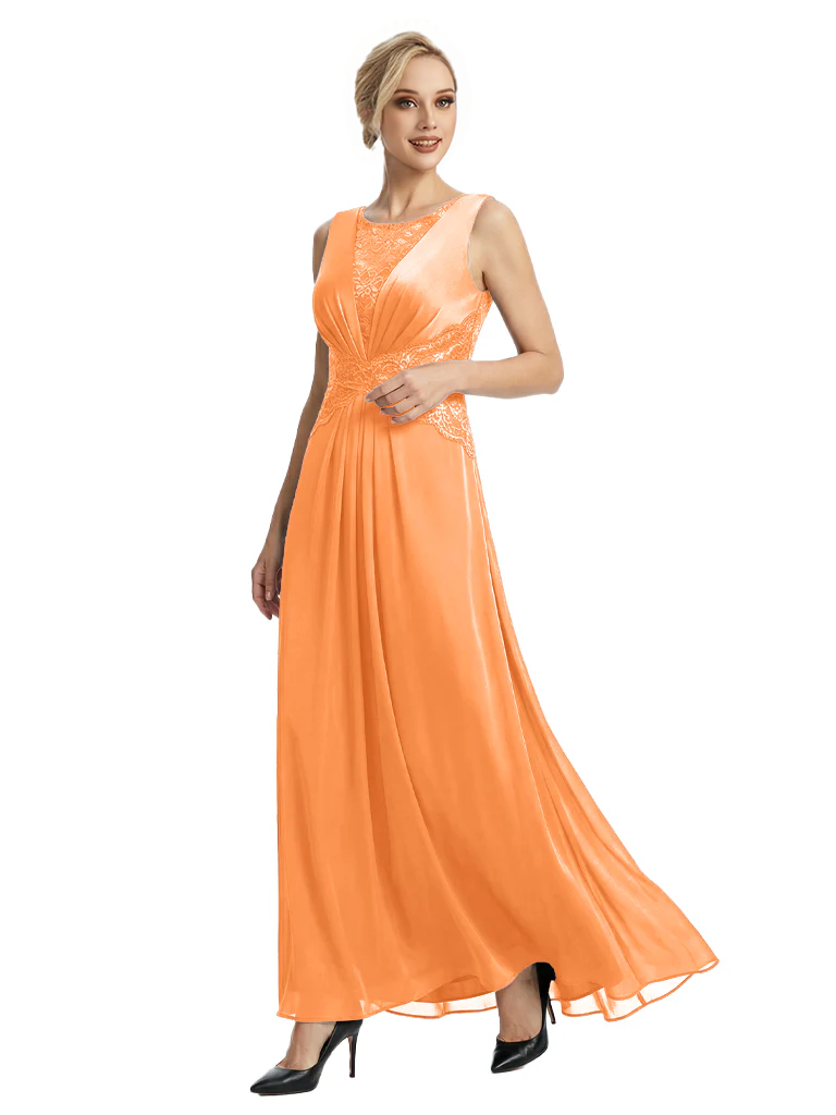 Mother of The Bride Dresses Scoop Sleeveless Lace Chiffon Maxi Gown Classy Ruched Formal Wedding Event Dress